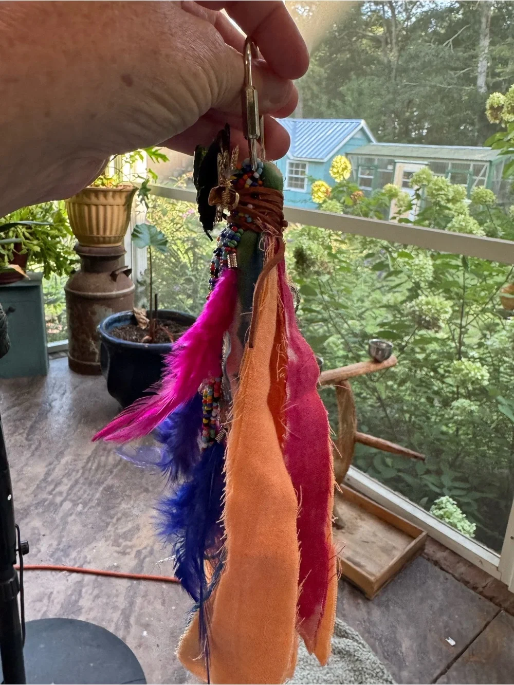 Boho Feather & Fabric Keychain Charm in Orange and Blue